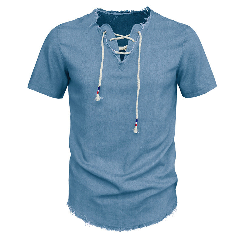 Herren T-Shirt Kurzarm V-Ausschnitt Modern Schnürung