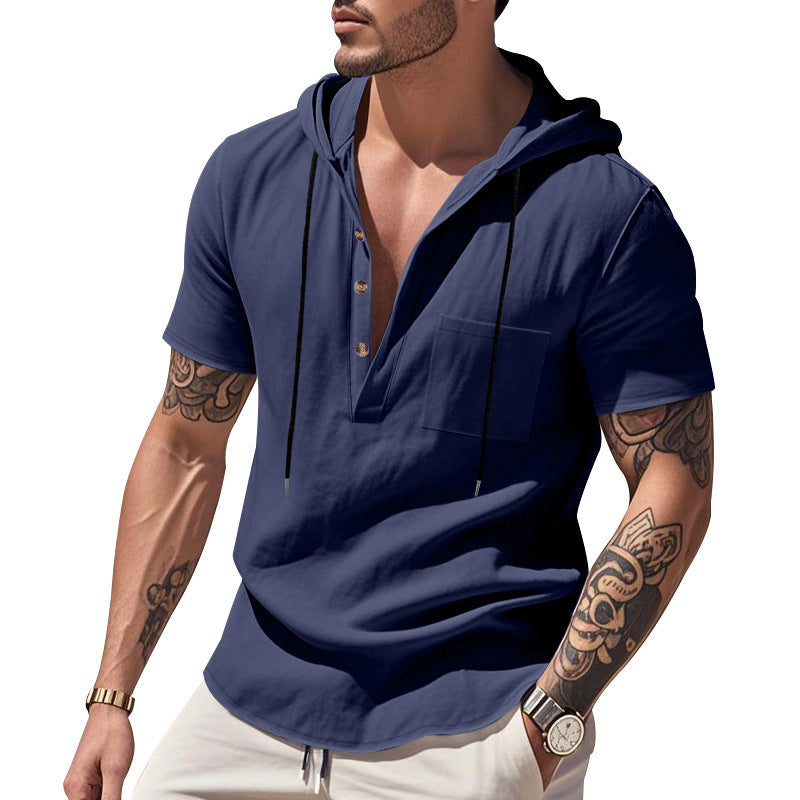 Herren Hoodie Kurzarm Hemd Kapuze Knopfleiste Trendig