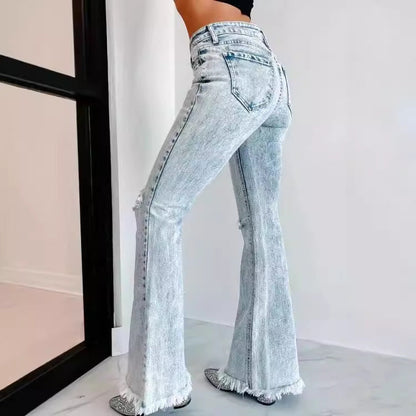 Damen Jeans Flared mit Rissen und Fransen Trendy Damenschuhe