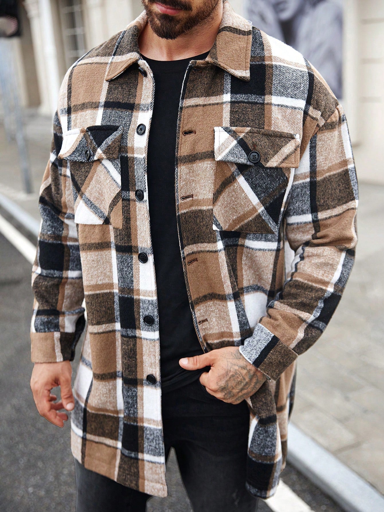 Herren Flanellhemd Jacke Karo Modern mit Taschen