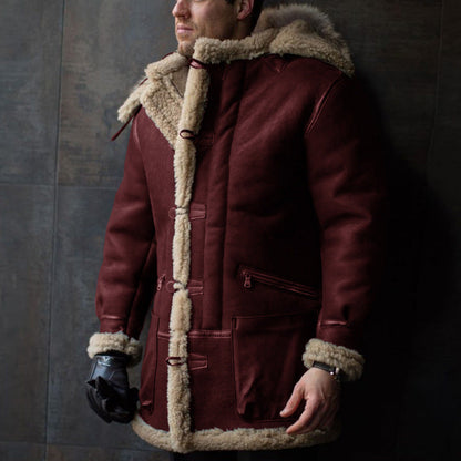 Lammfell-Mantel Herren Warm mit Kapuze und Taschen