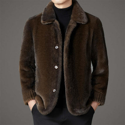 Herren Plüschjacke Elegante Knopfverschluss Schwarz