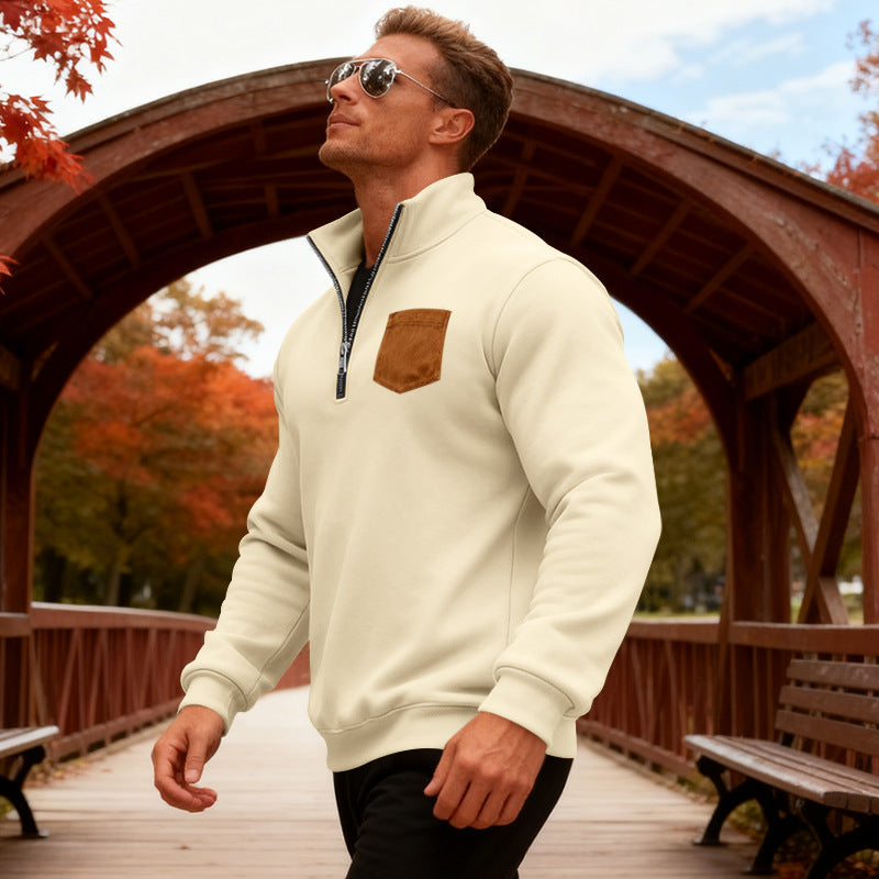 Herren Fleecepullover Mit Reißverschluss und Brusttasche Warm