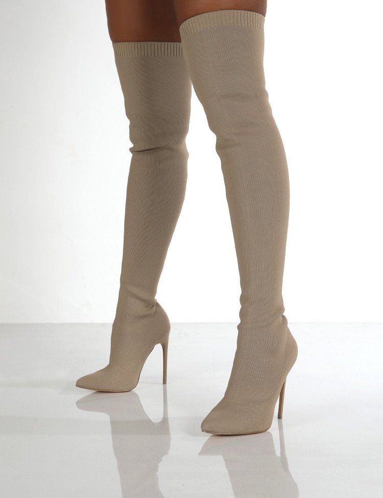 Damen Stiefel Overknee Spitz Absatz Strickdesign Elegante