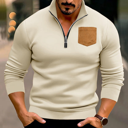Herren Pullover Modern mit Halbzipper und Kontrasttasche
