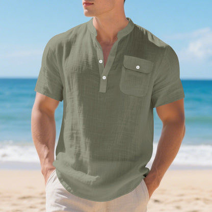 Herren Hemd Kurzarm Henley Kragen mit Brusttasche Modern