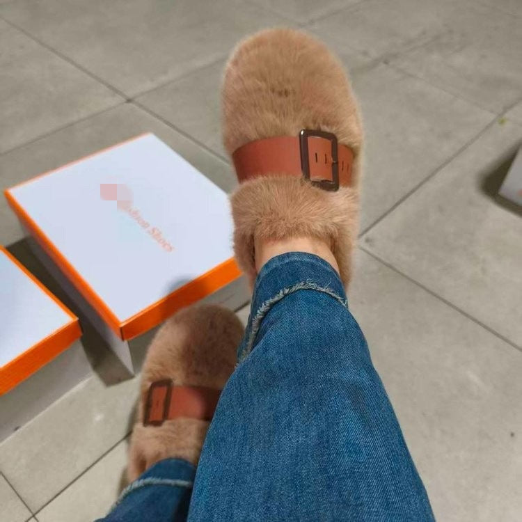 Damen Plüschpantoletten Warm mit Riemen Modern