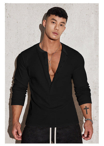 Herren Langarmshirt Modern Strukturiert Knöpfe Berlin Style