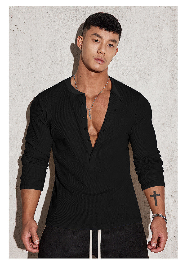Herren Langarmshirt Waffelstruktur Modern mit Knöpfen