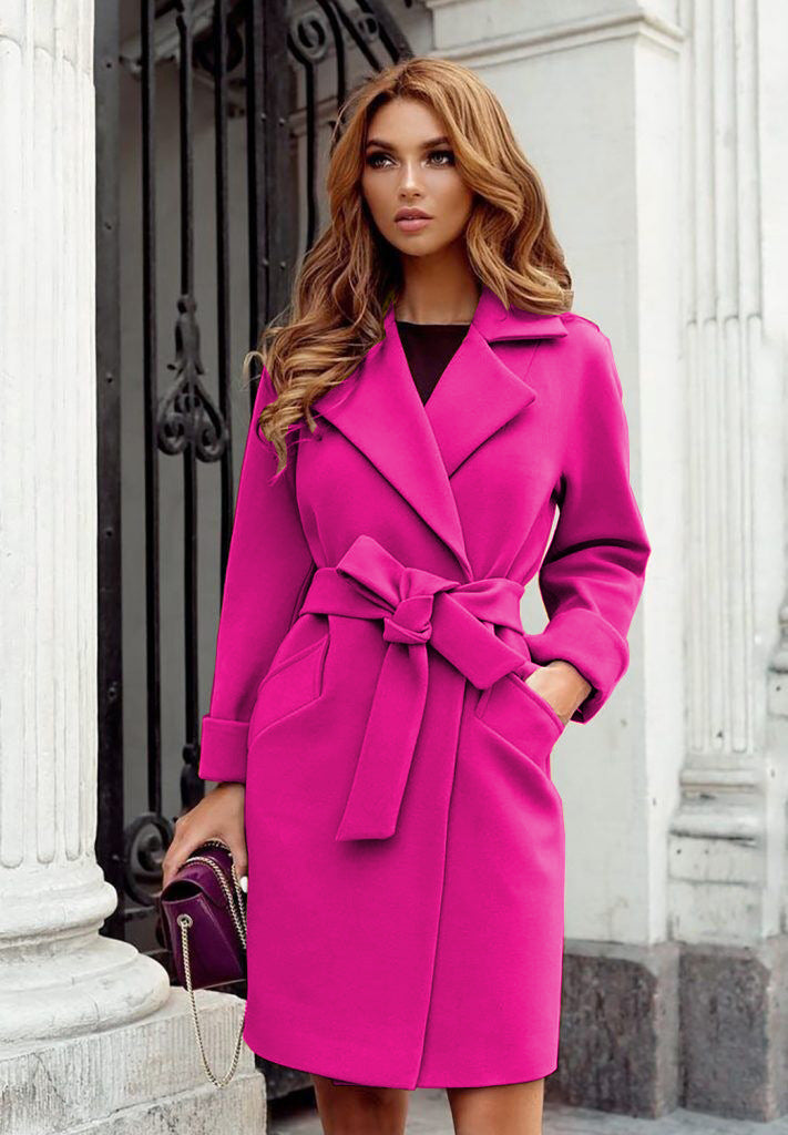 Eleganter Damen Trenchcoat Lang mit Gürtel und Taschen