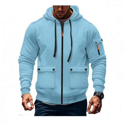 Modische Herren Kapuzenjacke Reißverschluss Taschen Schwarz