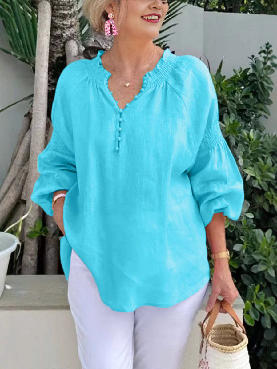 Damen Bluse Leicht Elastisch Puffärmel Knöpfe