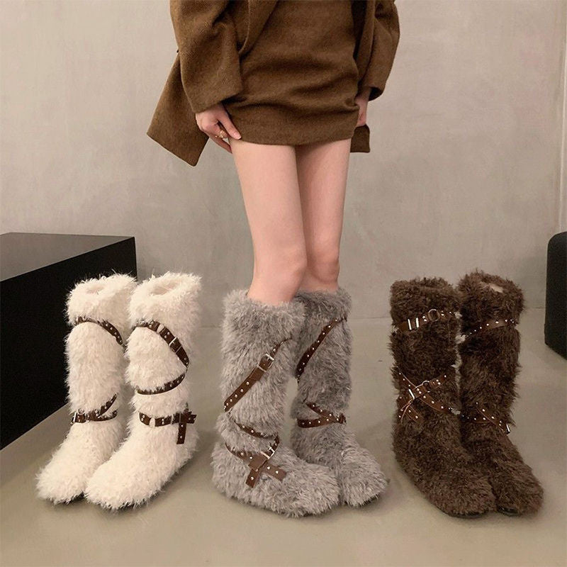 Damenstiefel Warm Kuschelig mit Schnallen Wintermode - BerlinGlamour