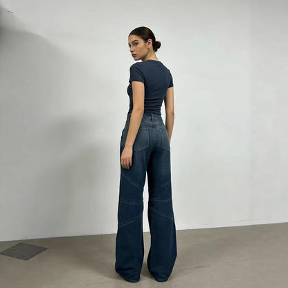 Damen Jeanshose Weite Bein Asymmetrisch Schnitt