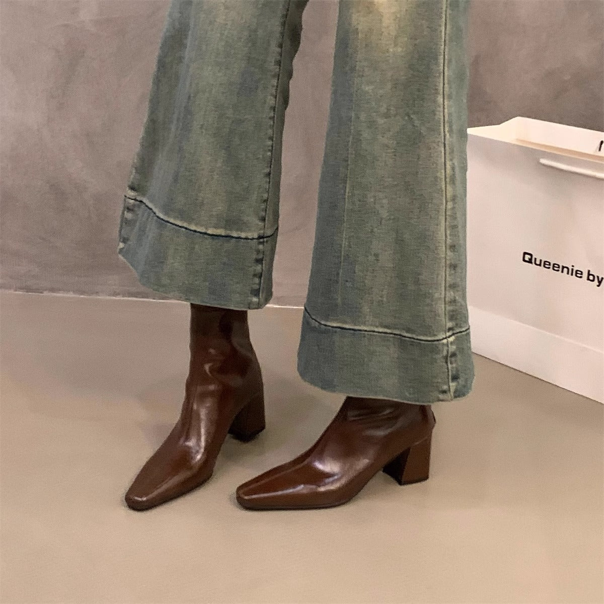 Damen Stiefeletten Spitze Elegant Blockabsatz Schuhe
