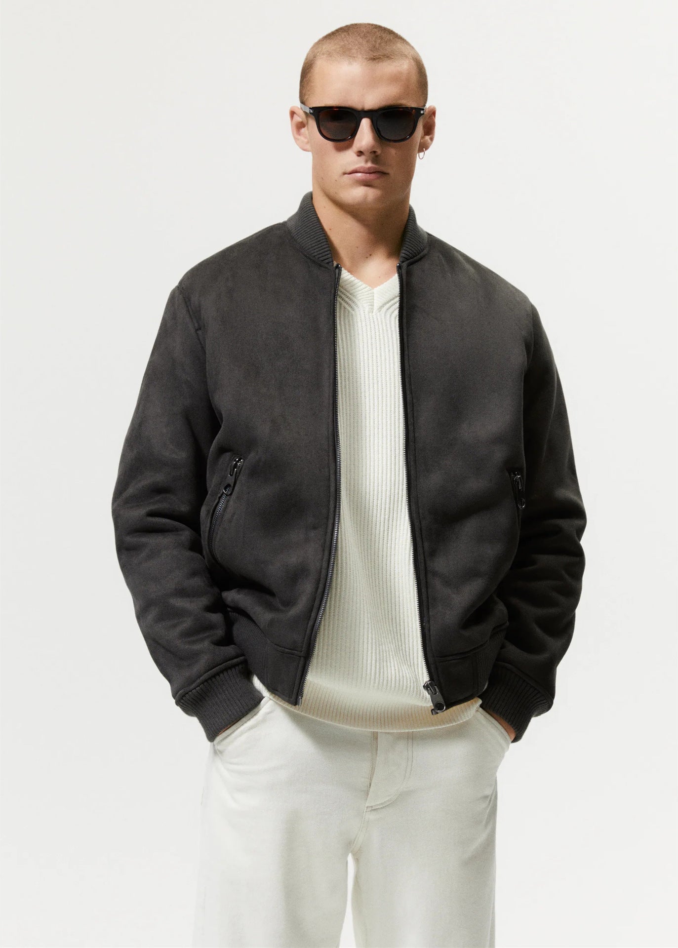 Herren Bomberjacke Wildlederoptik Soft Schwarz