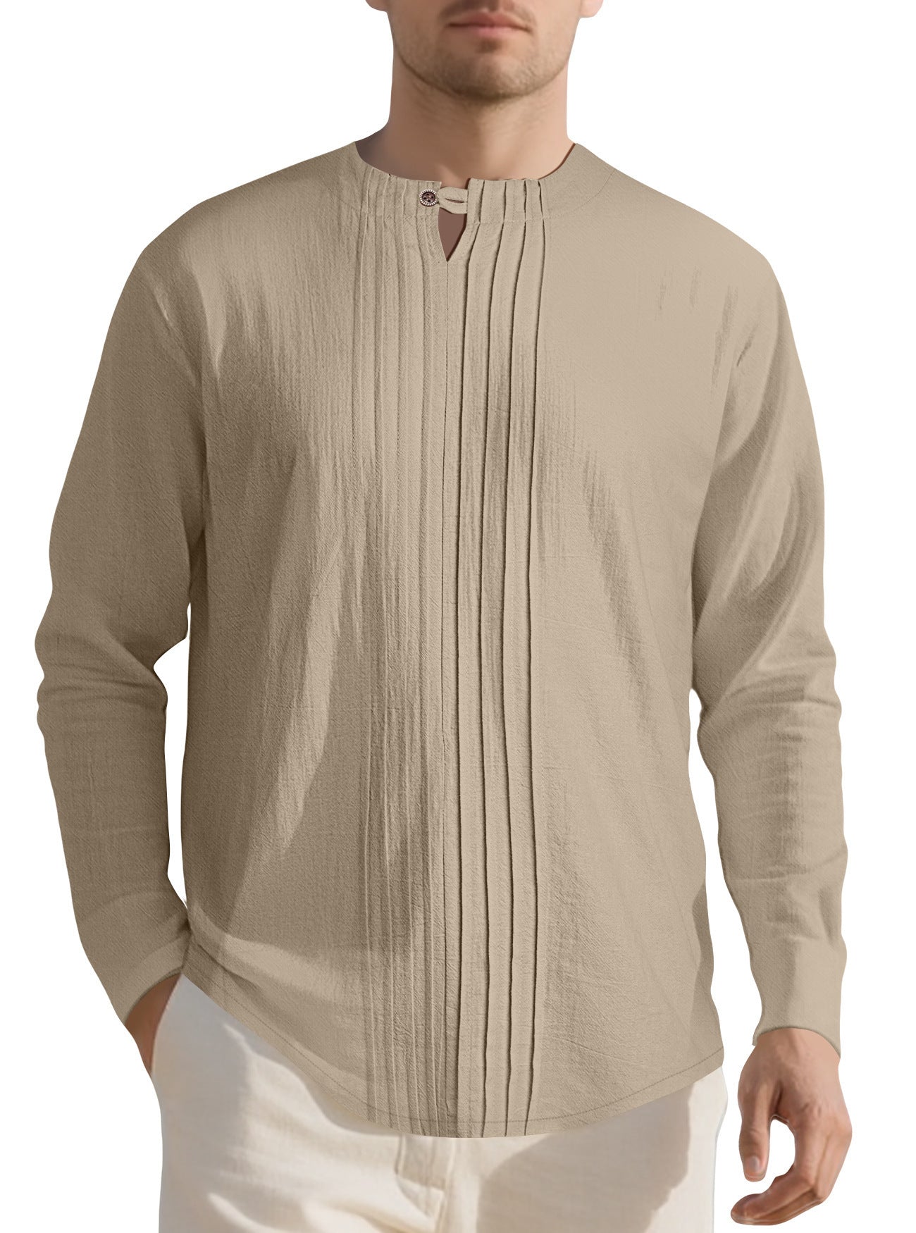 Herren Langarmshirt Modern Henley Ausschnitt Faltenstruktur