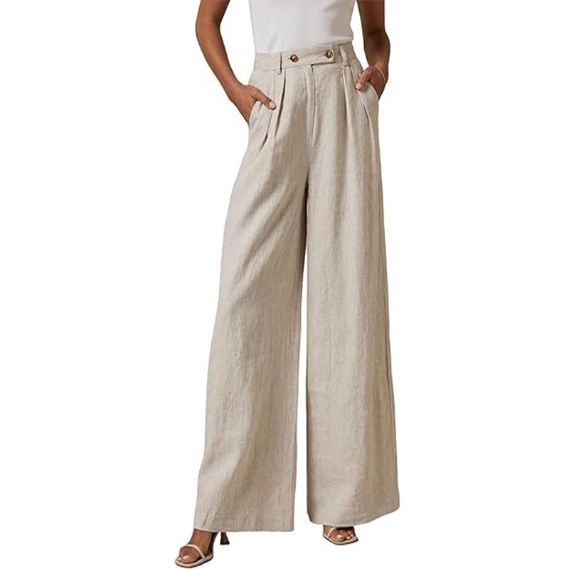 Damen Leinenhose Elegant mit Hoher Taille und Falten