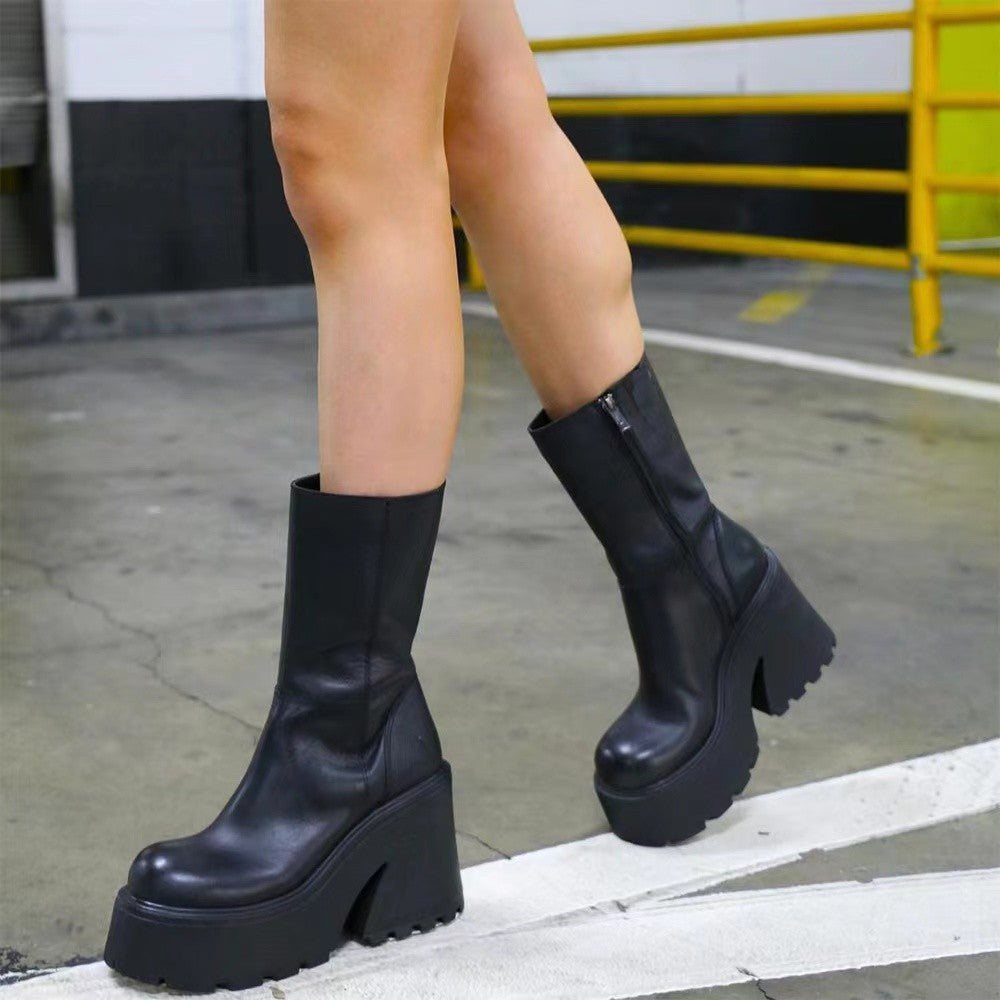 Damen Plateau-Stiefel Hoch Blockabsatz Reißverschluss Schwarz