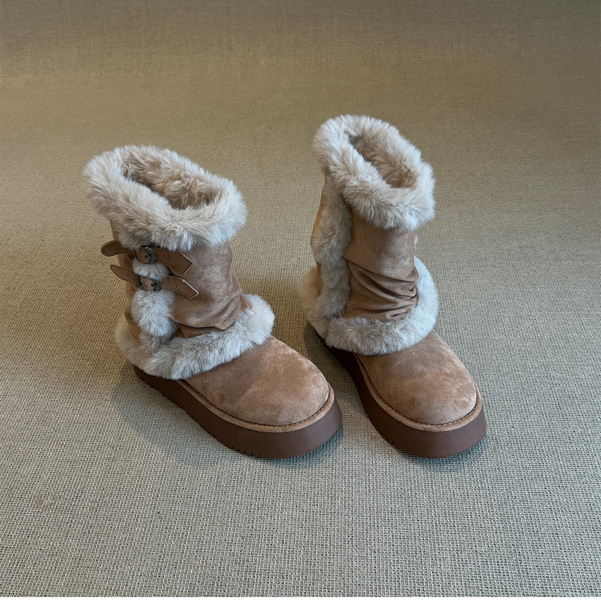 Damen Winterstiefel Kuschelig Kunstfell Doppelriemen