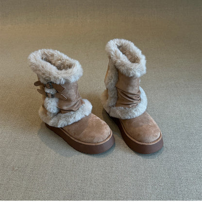 Damen Winterstiefel Kuschelig Kunstfell Doppelriemen
