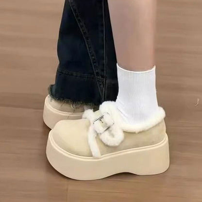 Damen Mokassins Plattform Flauschig Weich mit verstellbarem Riemen