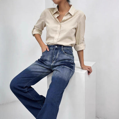 Damen High-Waist Jeans Mit Farbverlauf und Weitem Bein