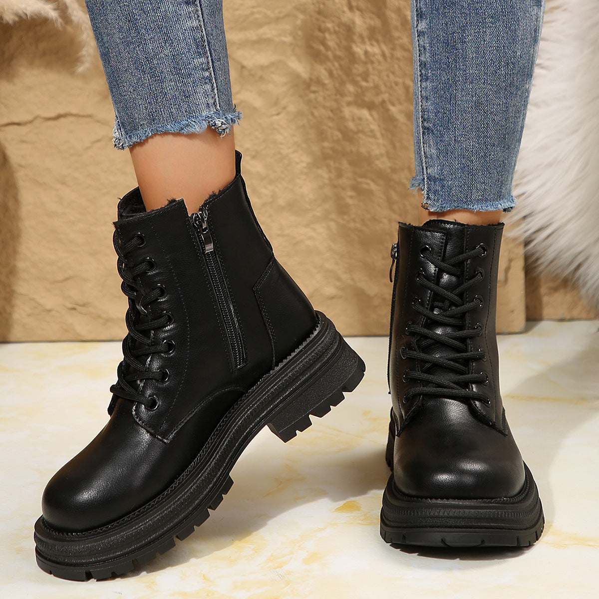 Damen Schnürboots Robust Reißverschluss Winterstiefel