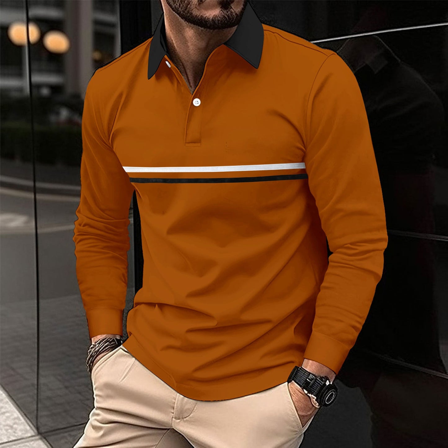 Herren Polohemd Langarm Modern Streifen Design - BerlinGlamour