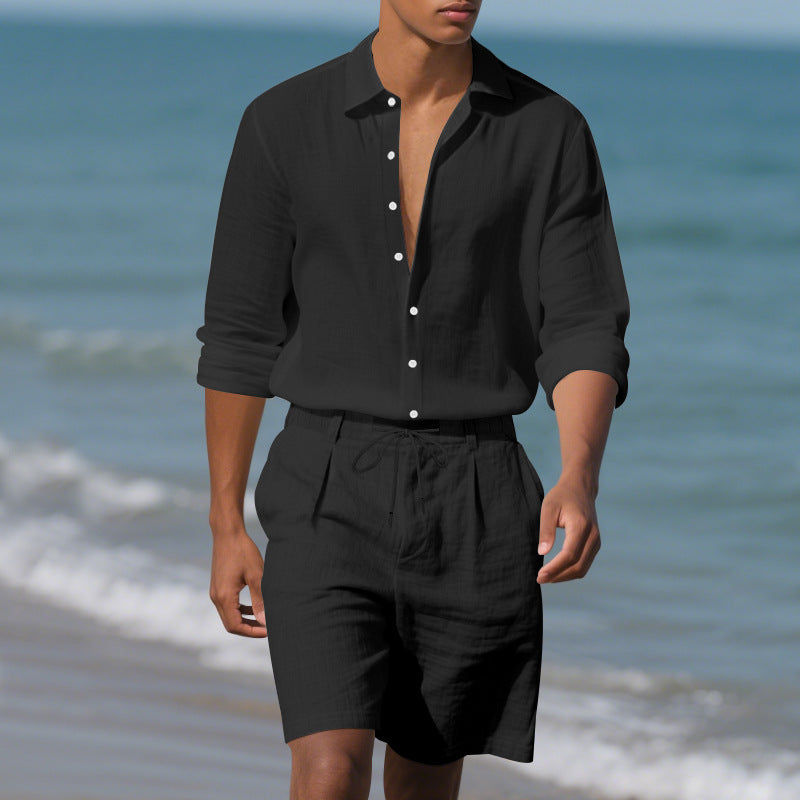 Herren Leinenhemd mit Henley Kragen und Brusttasche Sommer