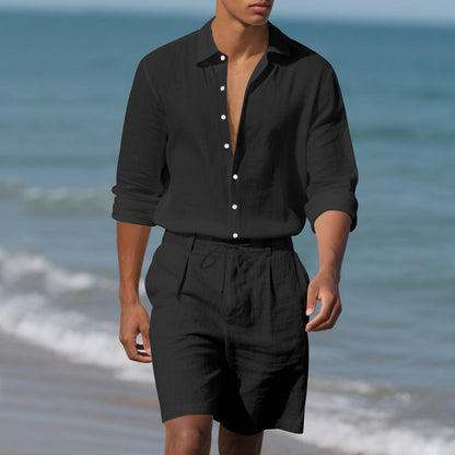 Herren Leinenhemd mit Henley Kragen und Brusttasche Sommer