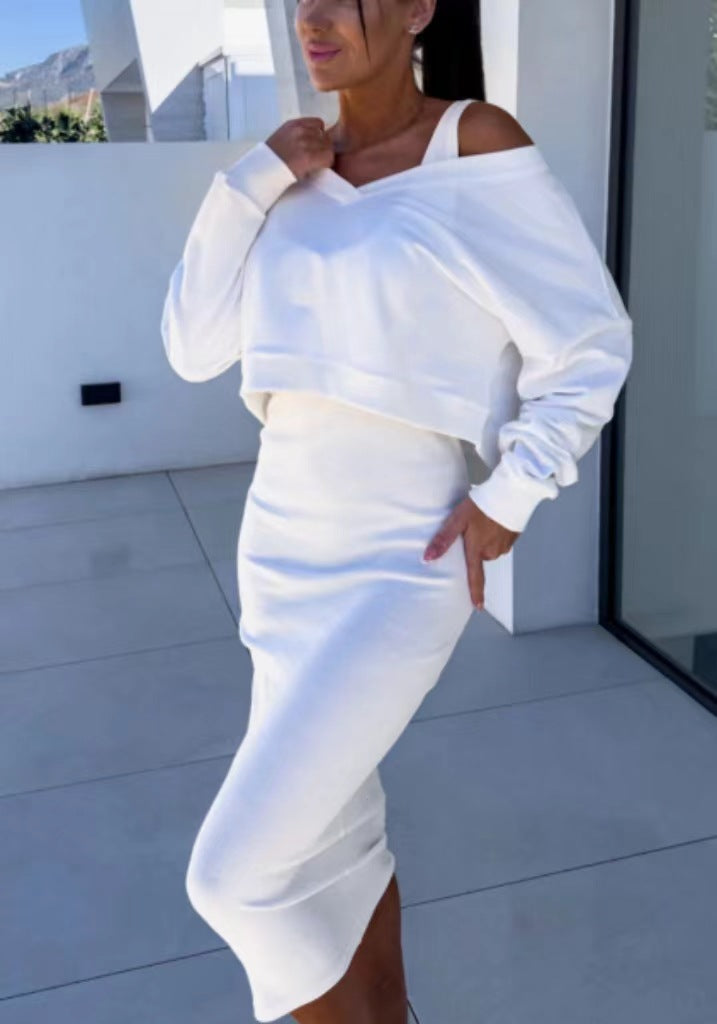 Damen Zweiteiler Pullover mit V-Ausschnitt und Midikleid Figurbetont