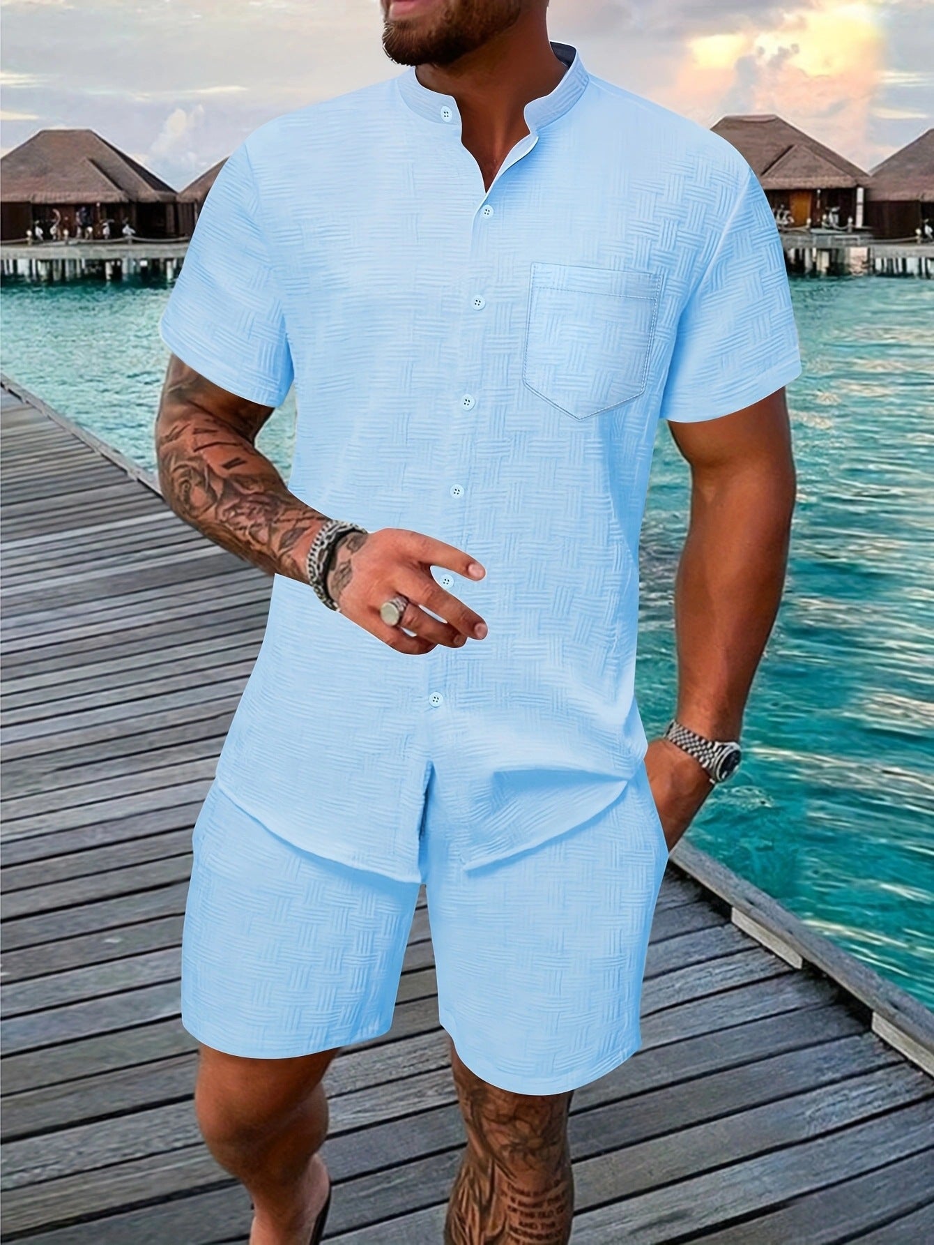 Herren Anzug Kurzarm Modern Strukturdesign Elegant