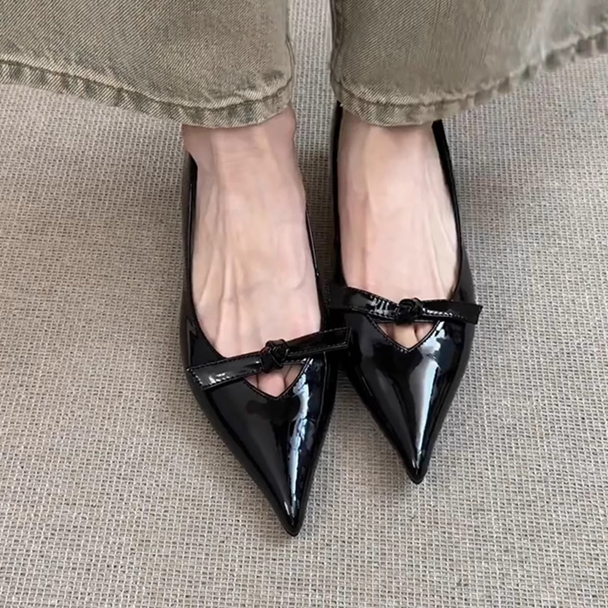 Damen Ballerinas Schlich Blockabsatz Spitze Komfort