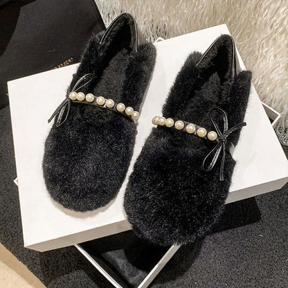 Damen Mokassins Flauschig mit Perlen Riemen Wintermode