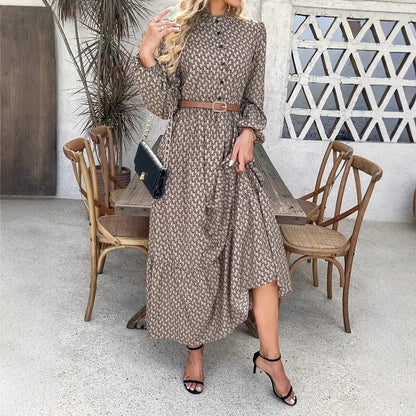 Damen Maxikleid Elegant mit Taillengürtel und Blumenmuster