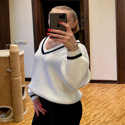 Damen Pullover V-Ausschnitt Streifenmuster Modern