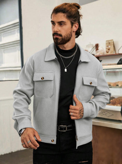 Herren Stadtjacke Modern Reißverschluss Mantel Schwarz