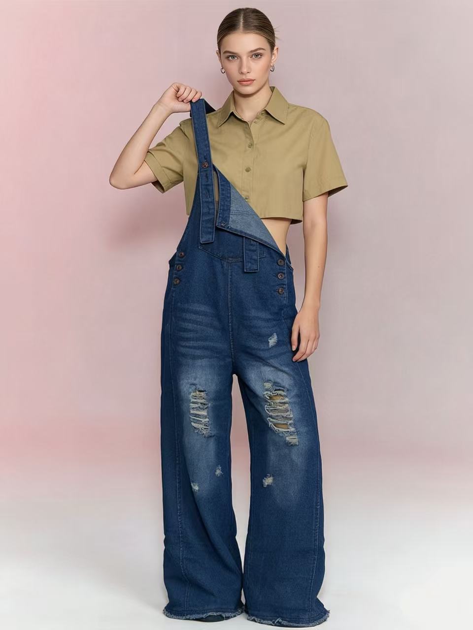 Damen Latzhose Jeans Weitbein Riss Effekt
