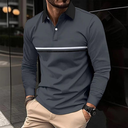 Herren Langarm-Polo Sportlich Kontrastkragen Modern