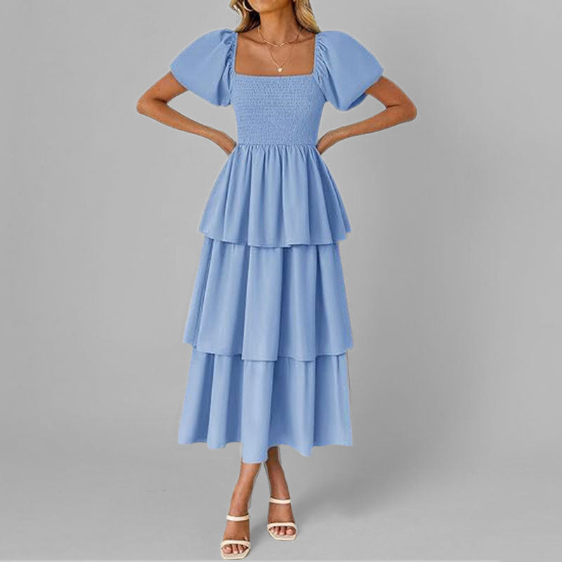 Damen Maxikleid Lang Ärmelig mit Stufenschnitt und Puffärmeln