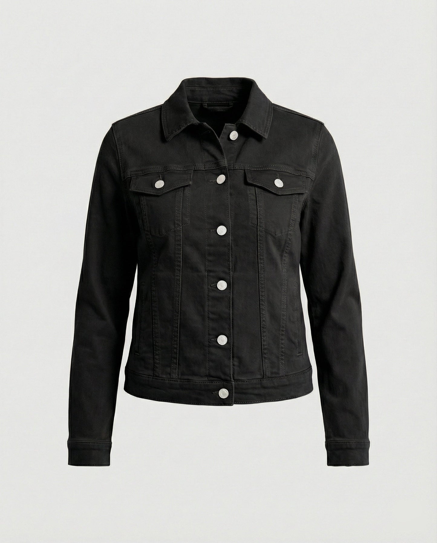 Klassische Damen Jeansjacke Kurz Schwarz Mit Brusttaschen