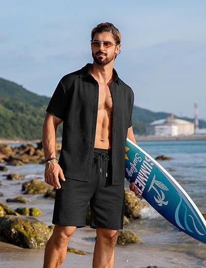 Herren Sommer Outfit Kurzarm Hemd Surf Shorts Trendy