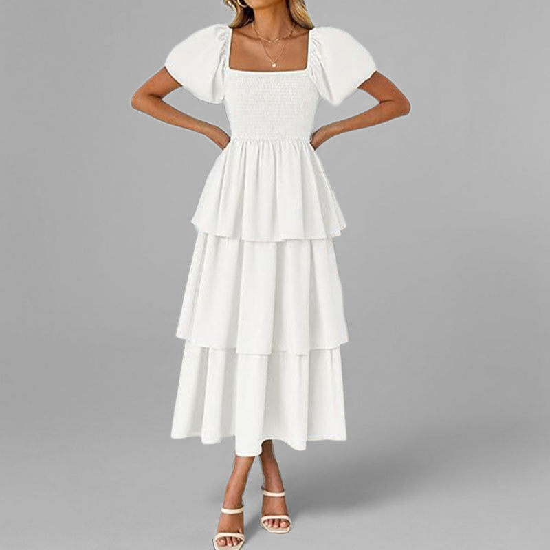 Damen Maxikleid Lang Ärmelig mit Stufenschnitt und Puffärmeln