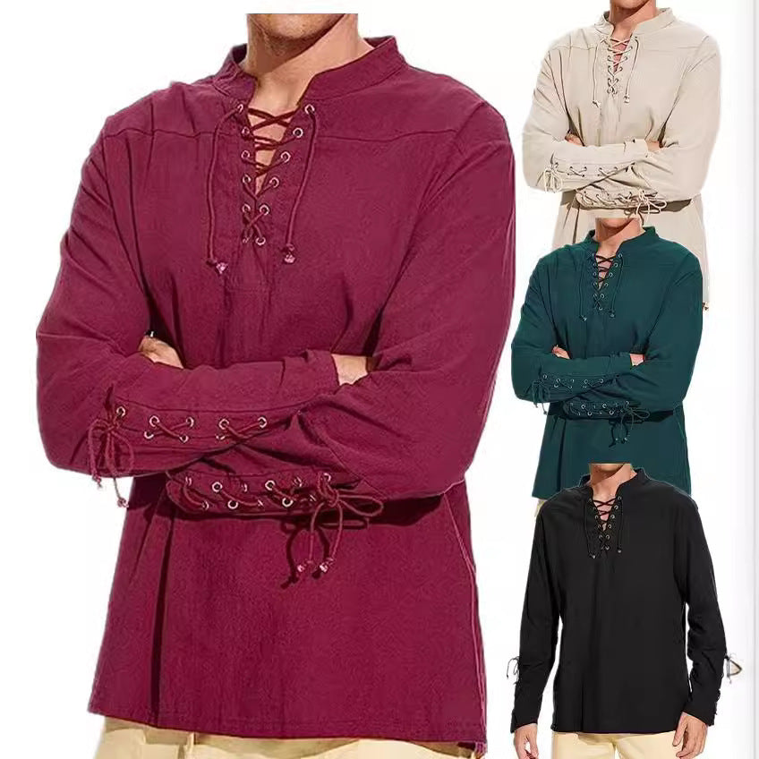 Herren Leinenhemd Langarm Modern Schnürfront Eleganz