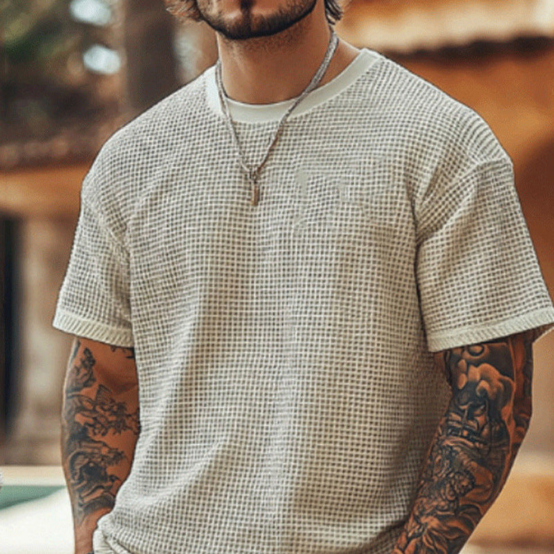 Herren T-Shirt Waffelstrick Rundhals Lässig Casual