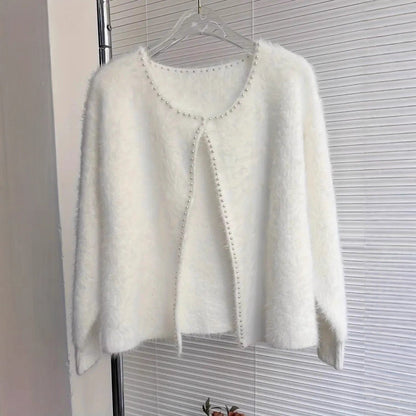 Damen Strickjacke Flauschig mit Perlen Verzierung