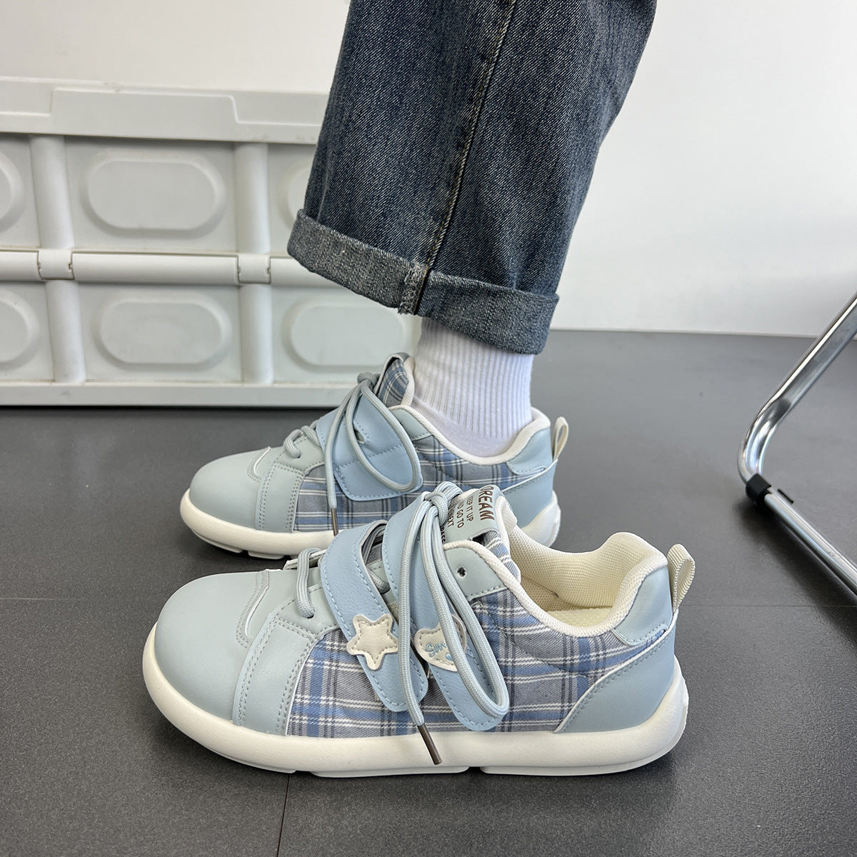 Damen Sneaker Sportlich Kariert mit Klettverschluss