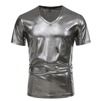 Herren T-Shirt V-Ausschnitt Stretch Glänzend Modern