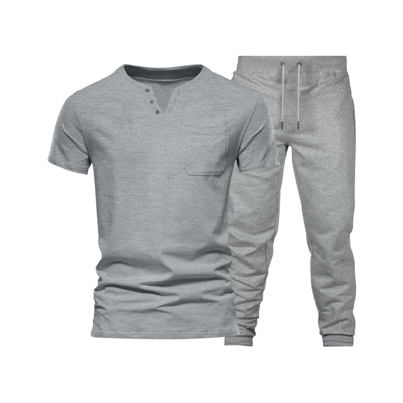 Herren Henley Set Kurzarm mit Brusttasche und Jogginghose Bequem